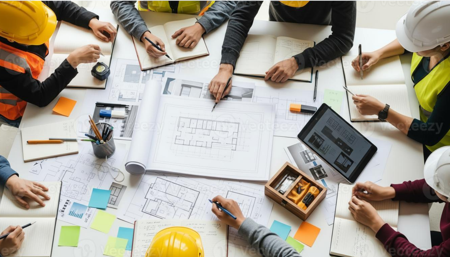 Project team collaborating around architectural plans