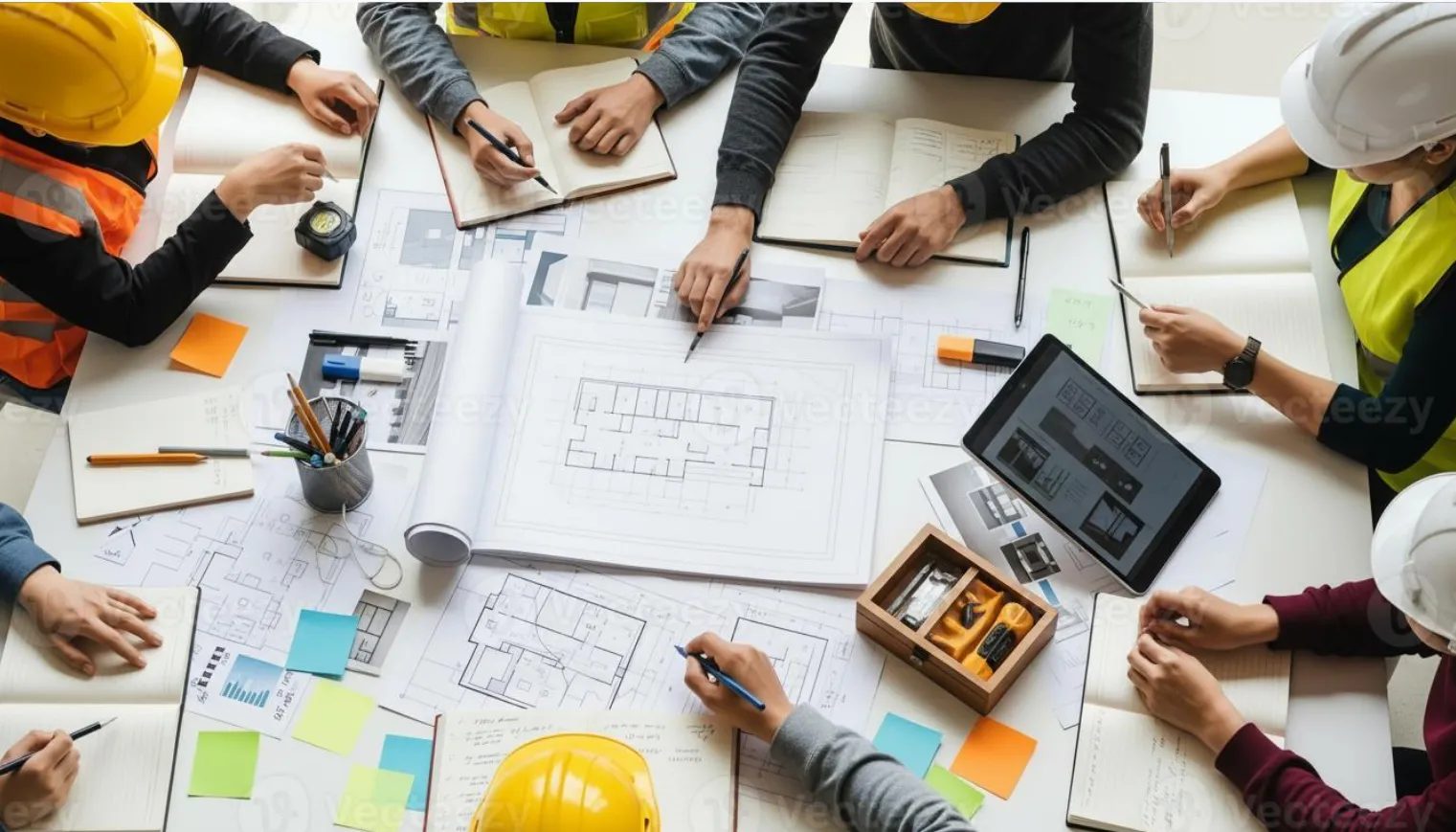 Project team collaborating around architectural plans